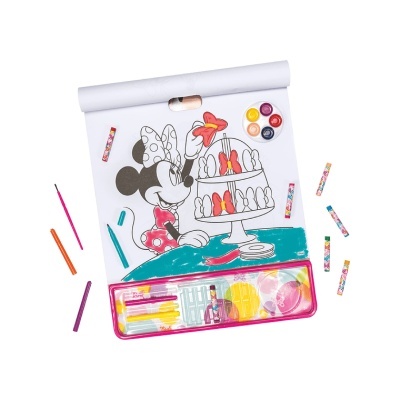 Kit de desenho com bloco de papel, lápis de cor, canetas e tintas com imagem da Minnie