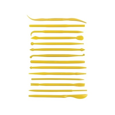 Conjunto de ferramentas de modelagem amarelas em fundo branco.