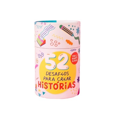 Embalagem rosa com texto e desenhos coloridos de objetos de escrita