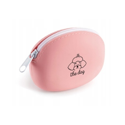 Porta-moedas rosa com fecho branco e ilustração de cão