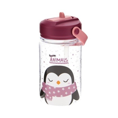 Garrafa transparente com tampa roxa e desenho de pinguim com cachecol rosa