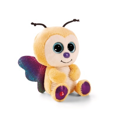 Peluche de abelha amarelo com asas coloridas e olhos grandes