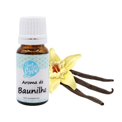 Frasco de aroma de baunilha com flor e vagens de baunilha