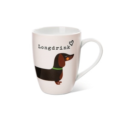 Caneca branca com desenho de cão dachshund e texto Longdrink