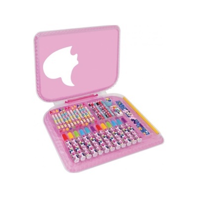 Estojo de arte rosa com material de desenho colorido decorado com personagens