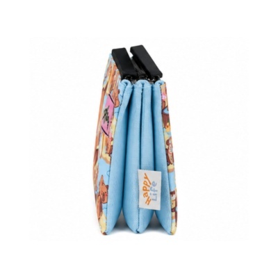 Bolsa de tecido azul com padrão colorido e fecho preto