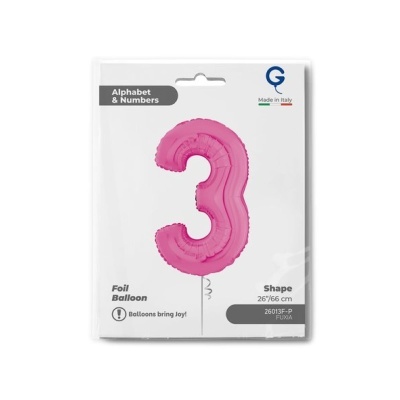 Balão de folha fúcsia número 3 na embalagem branca