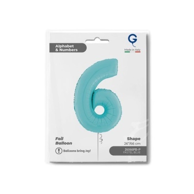 Balão em forma de número 6 azul pastel em embalagem branca