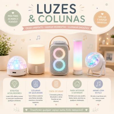 Colunas e luzes LED coloridas em diferentes formatos sobre uma superfície de madeira com plantas ao fundo