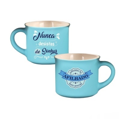Duas canecas de cerâmica azul claro com texto em português
