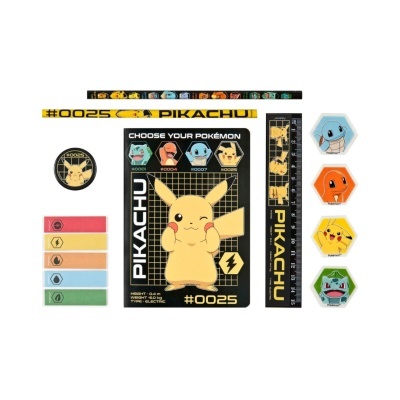 Conjunto escolar Pokémon com personagens e textos relacionados