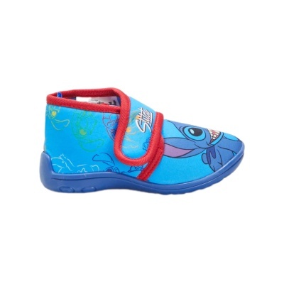 Pantufa infantil azul com personagem Stitch e fecho em velcro vermelho