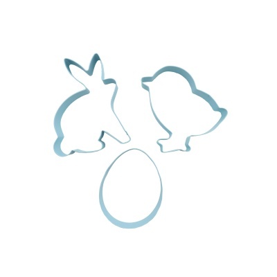 Cortadores de bolachas azul claro em forma de coelho, pintainho e ovo