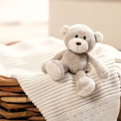 Ursinho de peluche cinzento claro sobre manta branca em cesto de vime