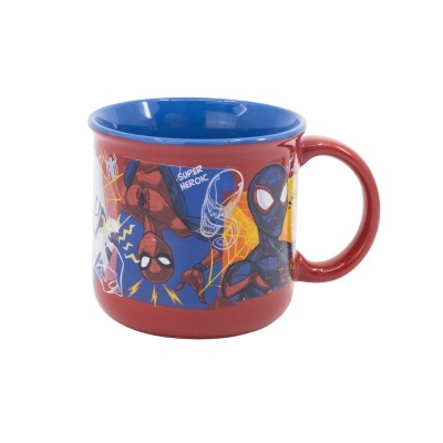 Caneca vermelha com interior azul e desenhos do Homem-Aranha