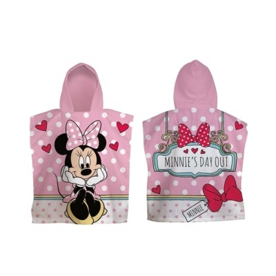 Poncho infantil cor-de-rosa com estampa da Minnie e texto decorativo