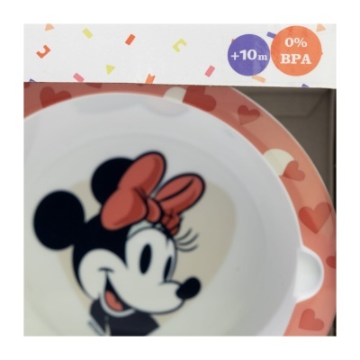 Prato e tigela infantil com Minnie Mouse e corações vermelhos