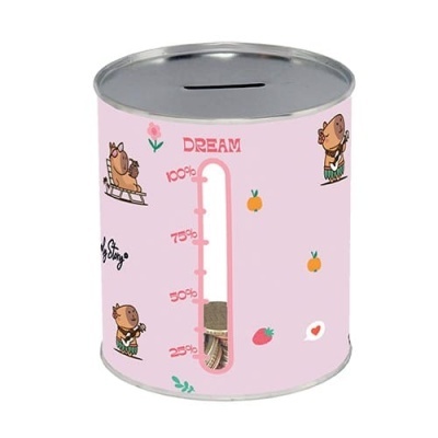 Cofre metálico rosa com ilustrações de animais e frutas, visor de medição percentual