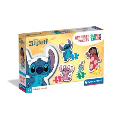 Caixa de puzzle Disney Stitch com personagens coloridos e texto MY FIRST PUZZLES SUPER COLOR