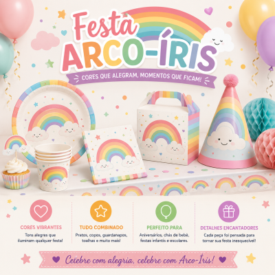 Conjunto de festa infantil arco-íris com pratos, copos, guardanapos, caixa e chapéu coloridos com desenhos de nuvens e arco-íris.