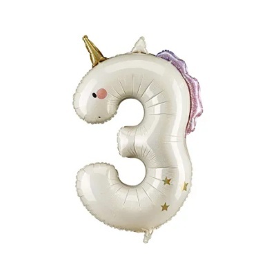 Balão em forma de número 3 com design de unicórnio prateado.