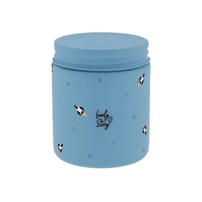 Frasco azul claro decorado com desenhos de foguetões e texto Lovely Story