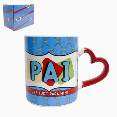 Caneca azul com alça em forma de coração e texto para pai
