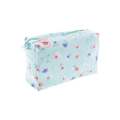 Necessaire azul claro com flores e padrão colorido