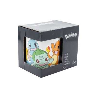 Caneca de cerâmica Pokémon com três personagens e caixa preta