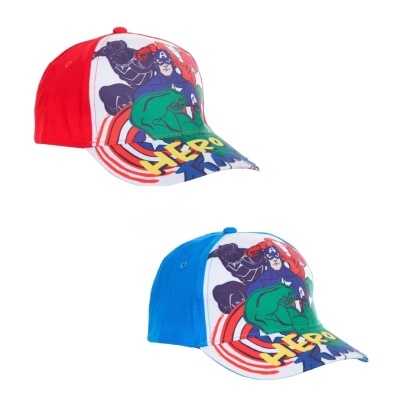 Bonés de criança vermelha e azul com estampas de super-heróis e texto HERO