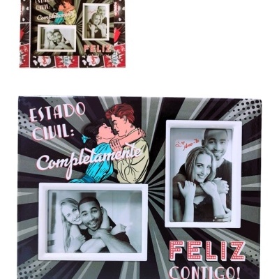 Moldura dupla para fotos com texto e ilustração de casal em tons preto, cinza, vermelho e azul.