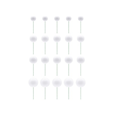 Pins decorativos brancos com hastes verdes organizados em grade sobre fundo branco