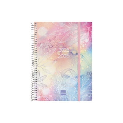 Agenda anual com capa floral colorida e espiral metálica