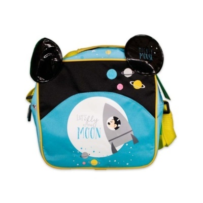 Mochila infantil azul e preta com estampa de Mickey Mouse e planetas