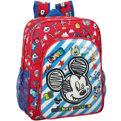 Mochila infantil vermelha e azul com estampas coloridas do Mickey Mouse