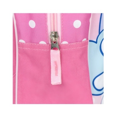 Fecho éclair metálico em tecido rosa com padrão de bolinhas brancas