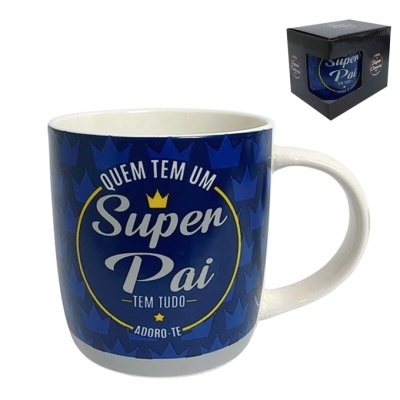 Caneca Super Pai com texto e padrão geométrico azul