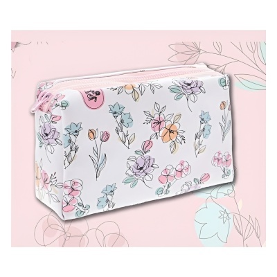 Necessaire branca com padrão floral colorido e fecho rosa