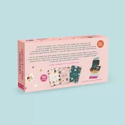 Caixa rosa com texto e ilustrações de cartas para pais e filhos