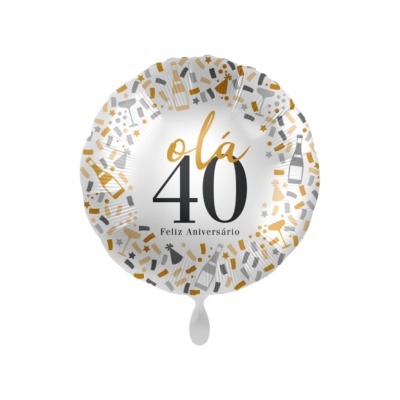 Balão redondo branco metalizado com texto olá 40 Feliz Aniversário