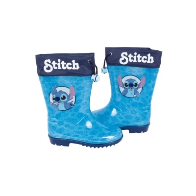 Botas de chuva azuis infantis com personagem Stitch e texto 'Stitch' no punho.