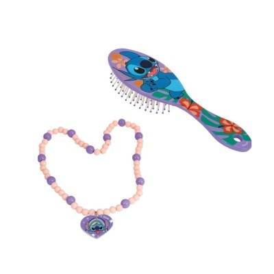Escova de cabelo azul com desenho de Stitch e colar de contas com pingente de coração