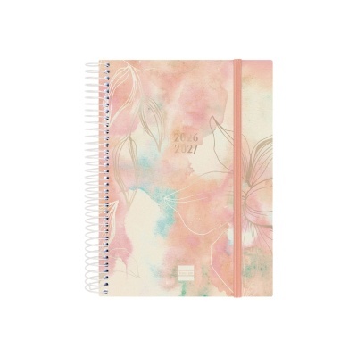 Caderno espiralado com capa colorida e elástico cor de rosa