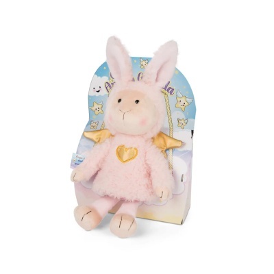 Pelúcia coelho rosa com asas douradas em embalagem azul com estrelas