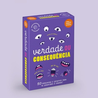 Embalagem do jogo de cartas Verdade ou Consequência em fundo roxo com desenhos de olhos e bocas