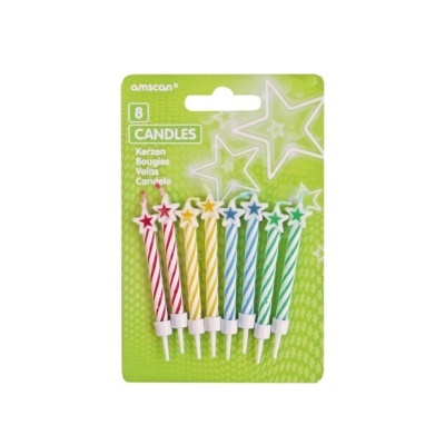 Conjunto de 8 velas coloridas para aniversário com estrelas no topo