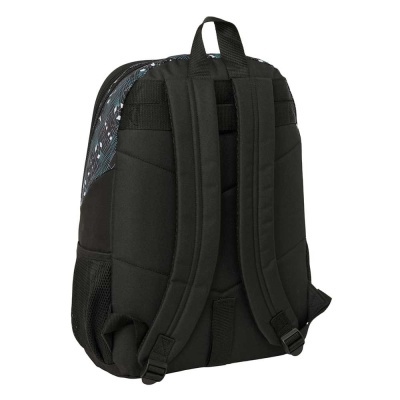 Mochila preta com alças acolchoadas e padrão geométrico no topo