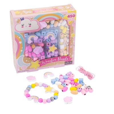 Conjunto de contas de madeira coloridas e acessórios para fazer pulseiras em embalagem colorida