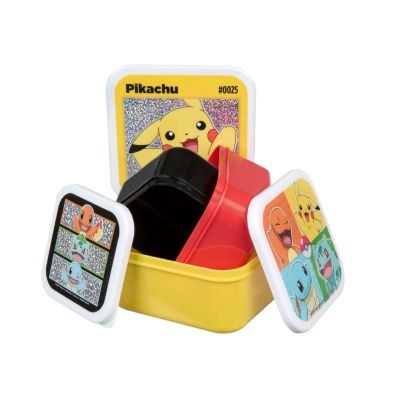 Conjunto de caixas plásticas com tampas decoradas com personagens Pokémon