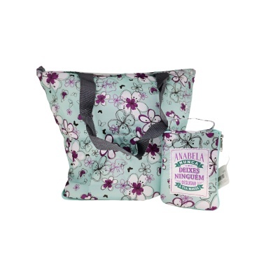 Bolsa e estojo em tecido floral com texto inspirador